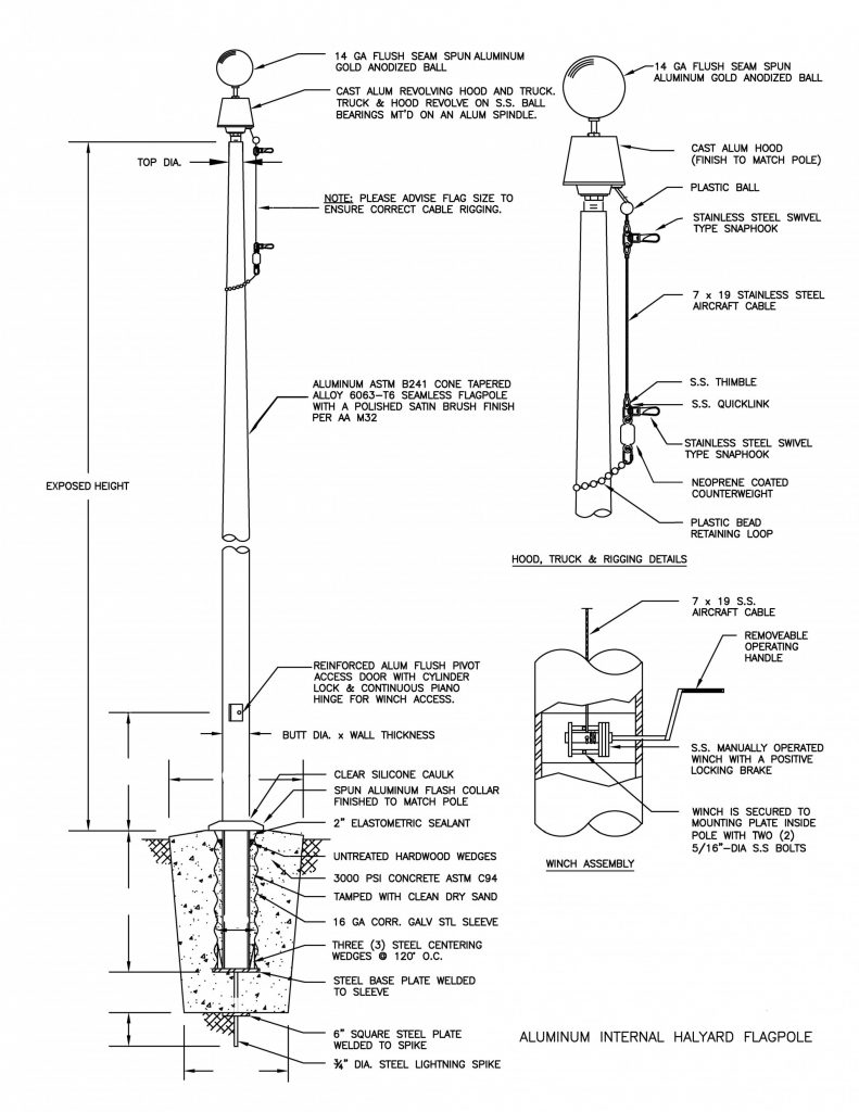 Internal Winch Flagpole Drawing | poletech