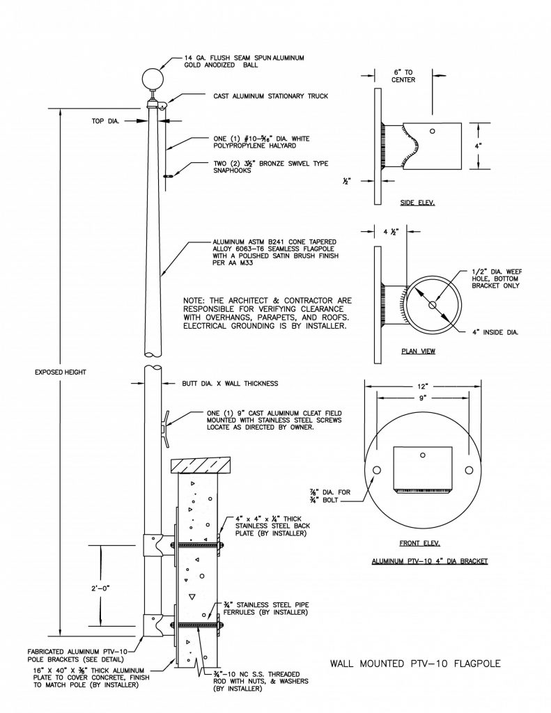 PTV-10 Vertical Wall Mounted Flagpole Drawing | poletech